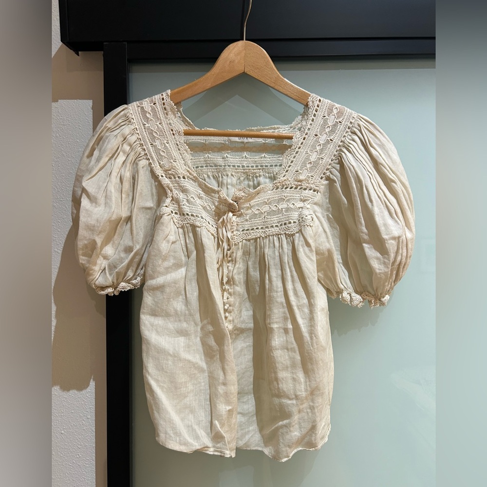 Doen Cream Lace-Trim Puff Sleeve Blouse